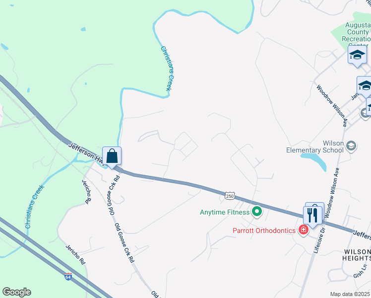 map of restaurants, bars, coffee shops, grocery stores, and more near 20 Paige Drive in Staunton