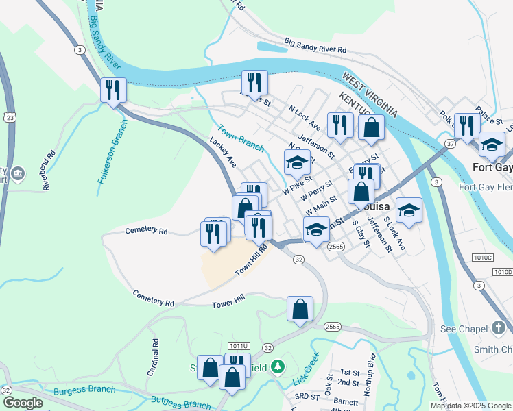 map of restaurants, bars, coffee shops, grocery stores, and more near West Maple Street in Louisa