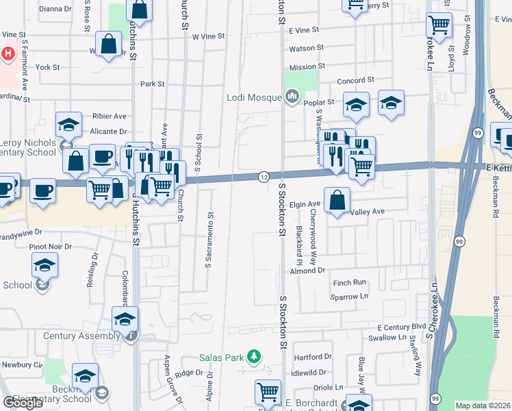 map of restaurants, bars, coffee shops, grocery stores, and more near 36-190 E Kettleman Ln in Lodi