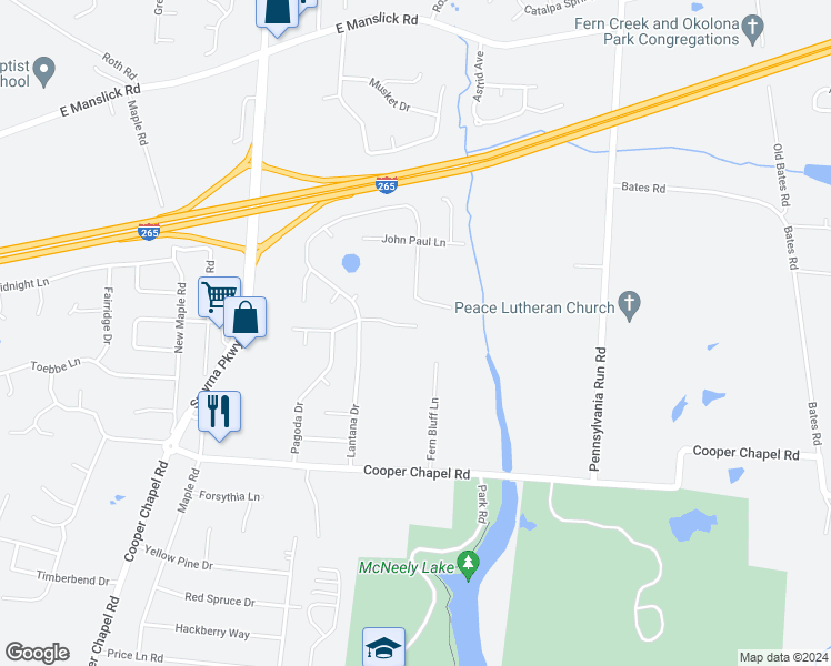map of restaurants, bars, coffee shops, grocery stores, and more near 6616 Burlwood Drive in Louisville