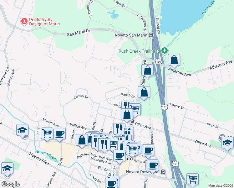 map of restaurants, bars, coffee shops, grocery stores, and more near 113 Pinheiro Circle in Novato