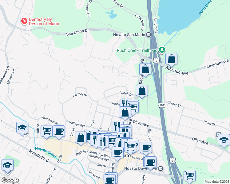 map of restaurants, bars, coffee shops, grocery stores, and more near 113 Pinheiro Circle in Novato