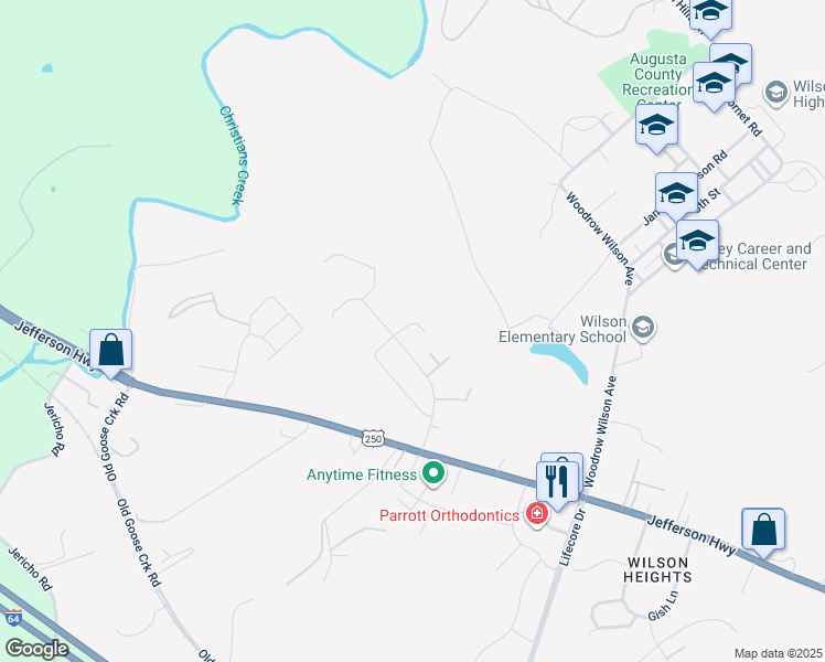 map of restaurants, bars, coffee shops, grocery stores, and more near 115 Briarwood Circle in Staunton