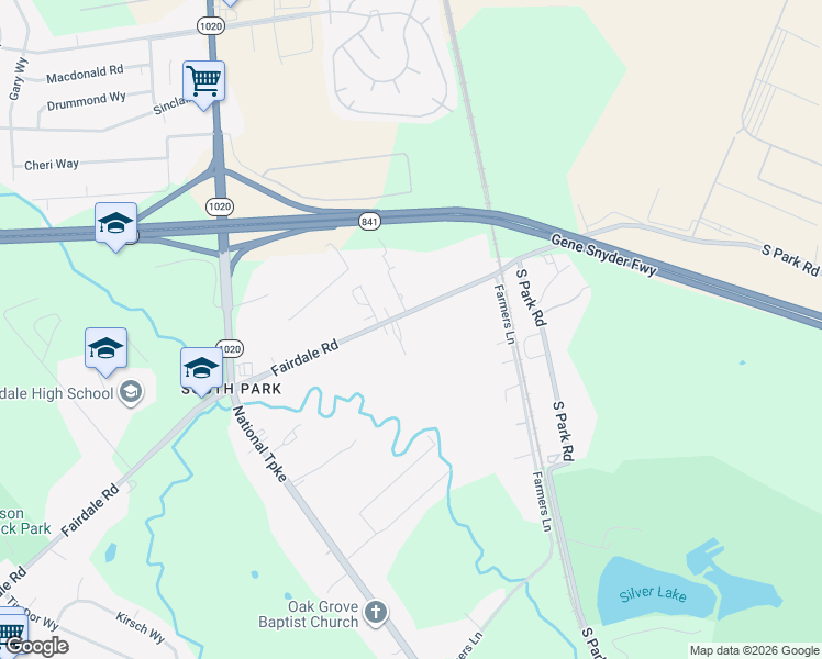 map of restaurants, bars, coffee shops, grocery stores, and more near 1410 Fairdale Road in Louisville