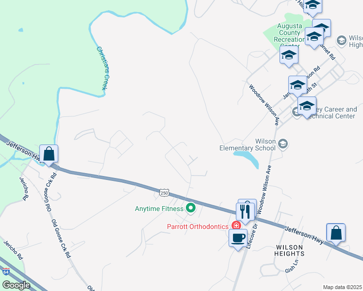 map of restaurants, bars, coffee shops, grocery stores, and more near 115 Briarwood Circle in Staunton