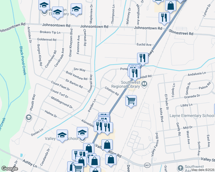 map of restaurants, bars, coffee shops, grocery stores, and more near 5315 Velle Vista Drive in Louisville