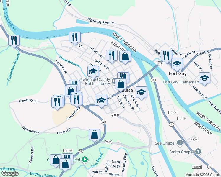map of restaurants, bars, coffee shops, grocery stores, and more near 204 West Main Street in Louisa