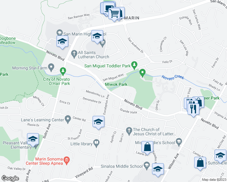 map of restaurants, bars, coffee shops, grocery stores, and more near 2194 Novato Boulevard in Novato