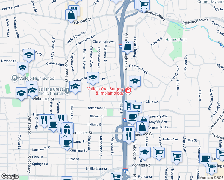 map of restaurants, bars, coffee shops, grocery stores, and more near 1024 Mariposa Street in Vallejo