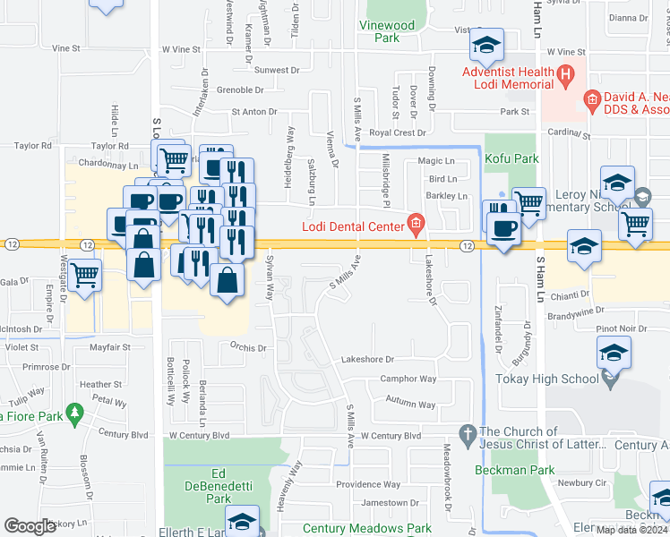 map of restaurants, bars, coffee shops, grocery stores, and more near 1453 South Mills Avenue in Lodi