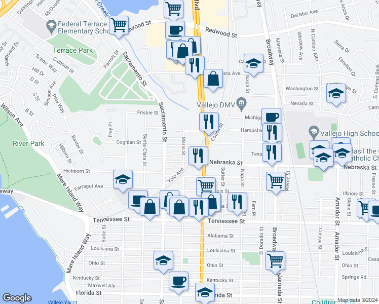 map of restaurants, bars, coffee shops, grocery stores, and more near 220 Nigh Street in Vallejo
