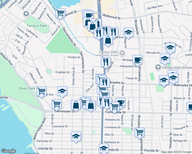 map of restaurants, bars, coffee shops, grocery stores, and more near 220 Nigh Street in Vallejo