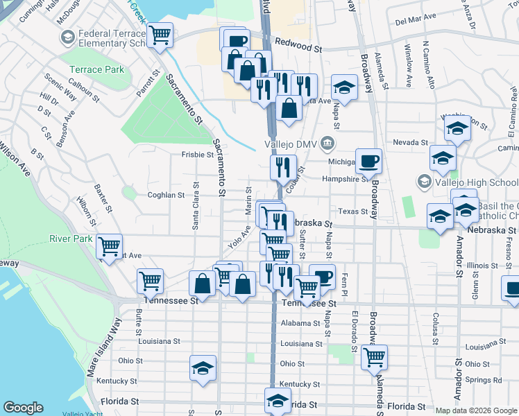 map of restaurants, bars, coffee shops, grocery stores, and more near 1930 Marin Street in Vallejo