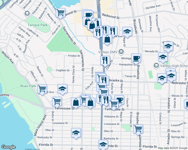 map of restaurants, bars, coffee shops, grocery stores, and more near 1930 Marin Street in Vallejo