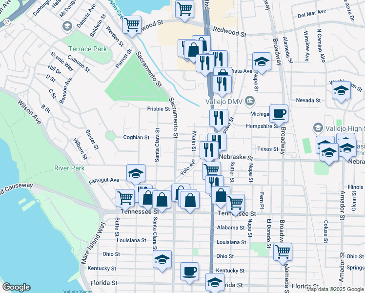 map of restaurants, bars, coffee shops, grocery stores, and more near 102 Mississippi Street in Vallejo