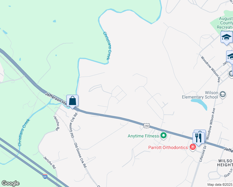 map of restaurants, bars, coffee shops, grocery stores, and more near 20 Paige Drive in Staunton