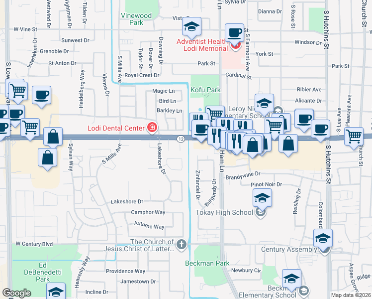 map of restaurants, bars, coffee shops, grocery stores, and more near 1520 West Kettleman Lane in Lodi