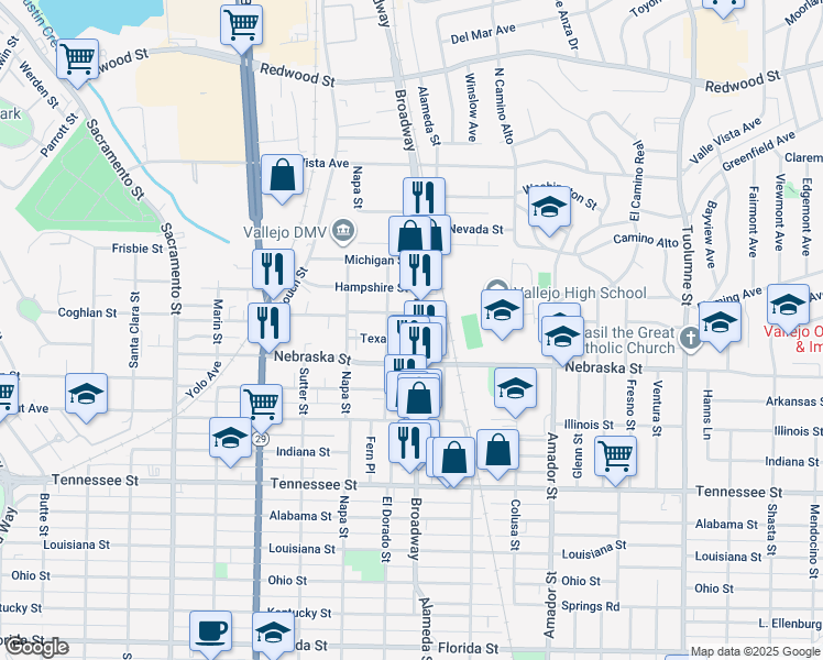 map of restaurants, bars, coffee shops, grocery stores, and more near 817 Broadway in Vallejo