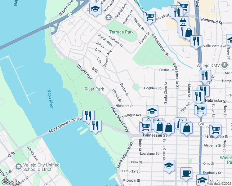 map of restaurants, bars, coffee shops, grocery stores, and more near 134 Hilborn Street in Vallejo