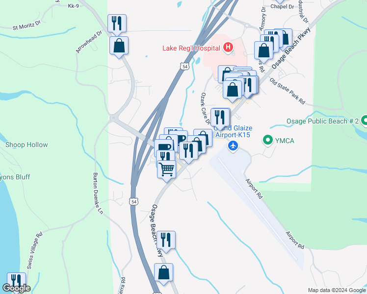 map of restaurants, bars, coffee shops, grocery stores, and more near 2361 Lake Acres in Osage Beach