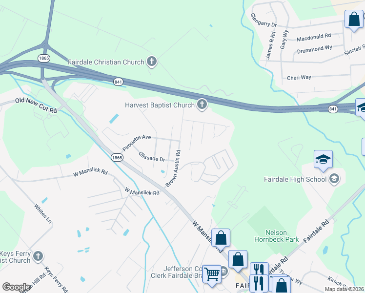 map of restaurants, bars, coffee shops, grocery stores, and more near 9301 Pirouette Avenue in Louisville