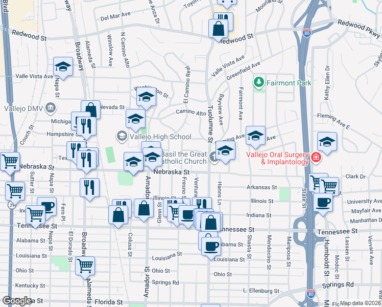 map of restaurants, bars, coffee shops, grocery stores, and more near 15 Monte Vista Avenue in Vallejo