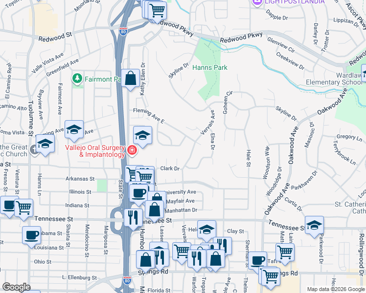 map of restaurants, bars, coffee shops, grocery stores, and more near 177 Skyway Drive in Vallejo