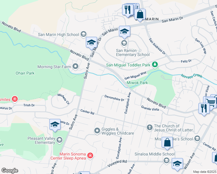 map of restaurants, bars, coffee shops, grocery stores, and more near 40 Thorsson Court in Novato
