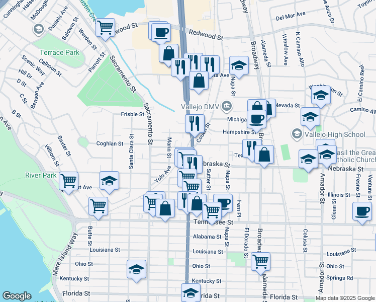 map of restaurants, bars, coffee shops, grocery stores, and more near 3055 Sonoma Boulevard in Vallejo