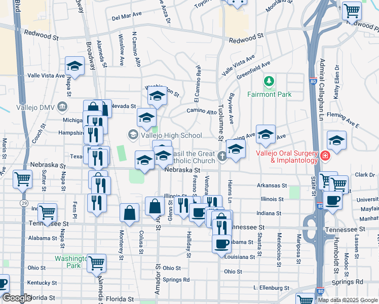 map of restaurants, bars, coffee shops, grocery stores, and more near 111 Milita Street in Vallejo
