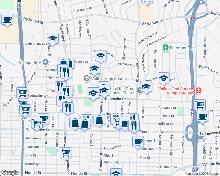 map of restaurants, bars, coffee shops, grocery stores, and more near 17 Hanns Avenue in Vallejo