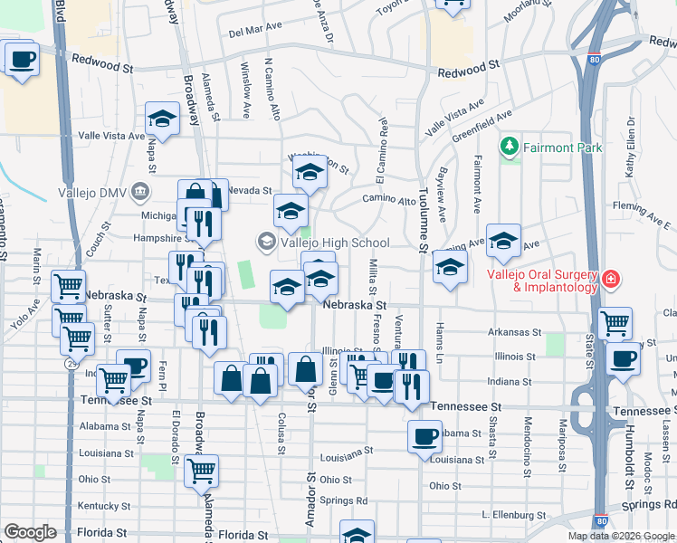 map of restaurants, bars, coffee shops, grocery stores, and more near 17 Hanns Avenue in Vallejo
