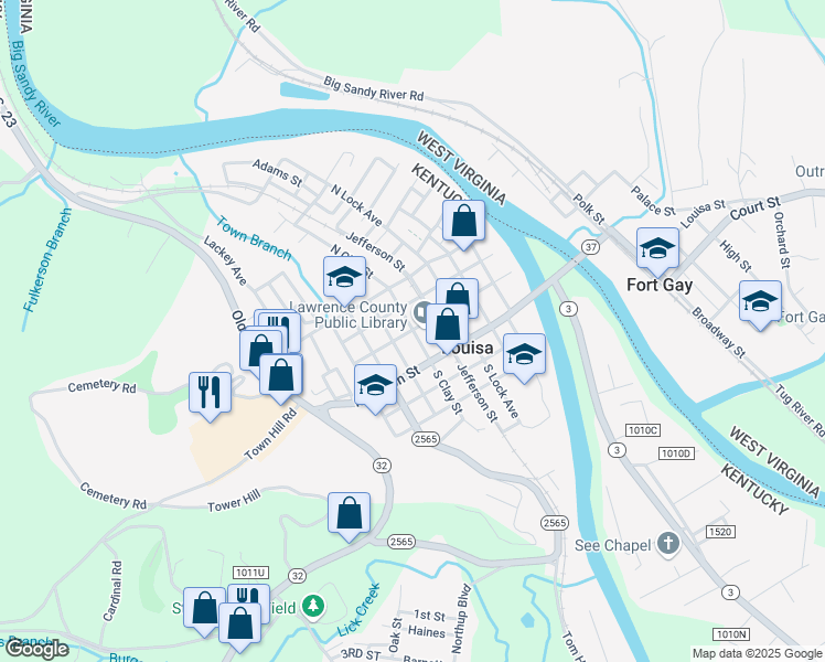 map of restaurants, bars, coffee shops, grocery stores, and more near 204 West Main Street in Louisa