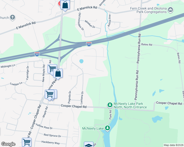 map of restaurants, bars, coffee shops, grocery stores, and more near 6611 Burlwood Drive in Louisville