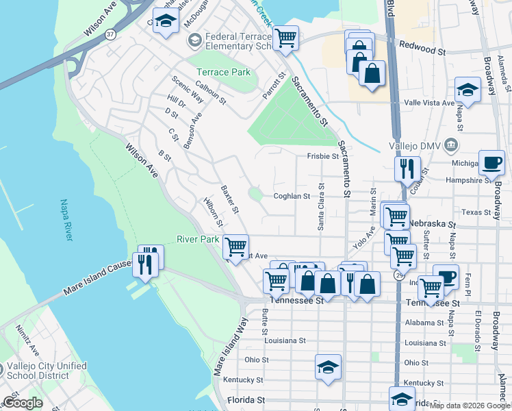 map of restaurants, bars, coffee shops, grocery stores, and more near 193 Craven Street in Vallejo