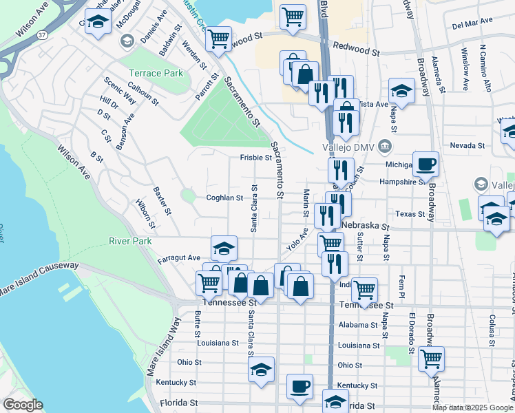 map of restaurants, bars, coffee shops, grocery stores, and more near 421 Coghlan Street in Vallejo