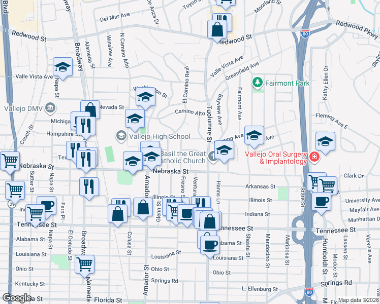map of restaurants, bars, coffee shops, grocery stores, and more near 15 Monte Vista Avenue in Vallejo