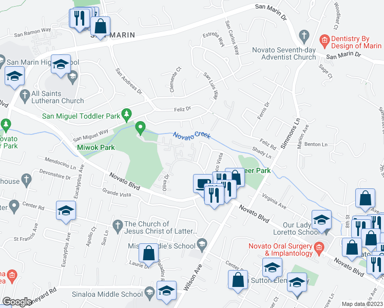 map of restaurants, bars, coffee shops, grocery stores, and more near 33 Oliva Drive in Novato