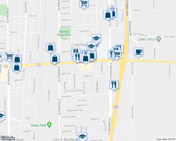 map of restaurants, bars, coffee shops, grocery stores, and more near 411 Elgin Avenue in Lodi