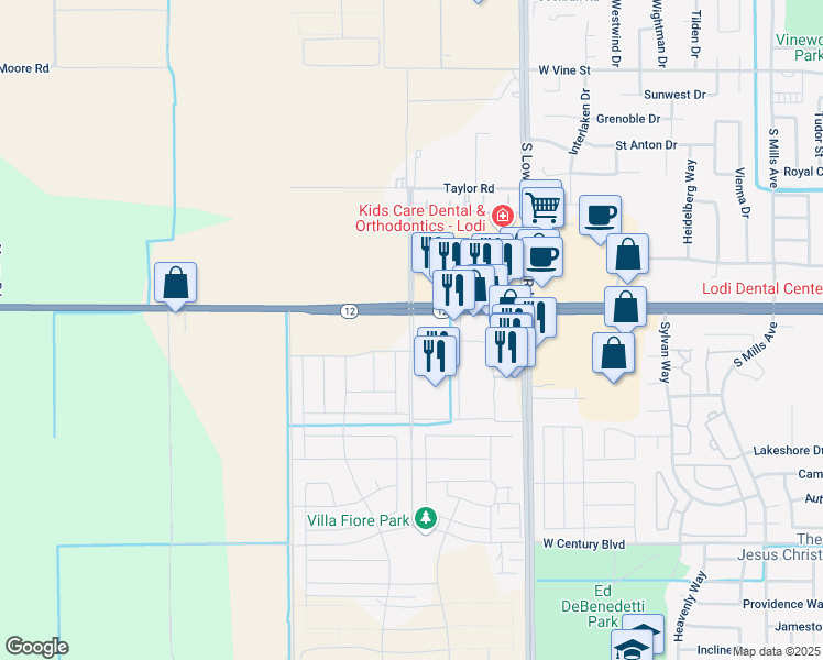 map of restaurants, bars, coffee shops, grocery stores, and more near 1334 Westgate Drive in Lodi