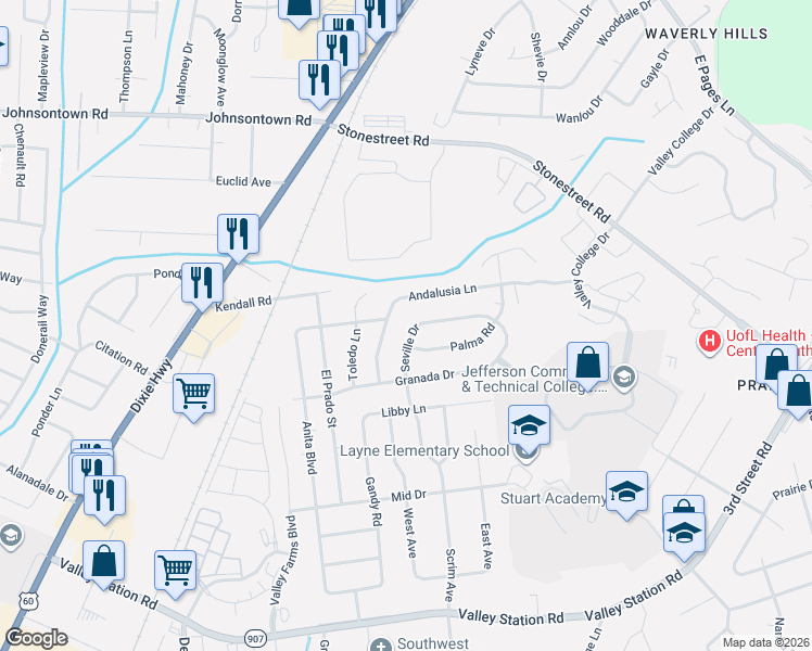 map of restaurants, bars, coffee shops, grocery stores, and more near 4815 Seville Drive in Louisville