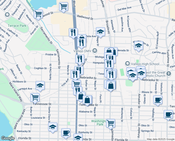 map of restaurants, bars, coffee shops, grocery stores, and more near 401 Mississippi Street in Vallejo