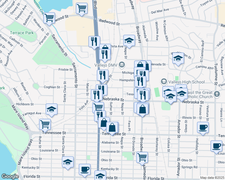 map of restaurants, bars, coffee shops, grocery stores, and more near 401 Mississippi Street in Vallejo