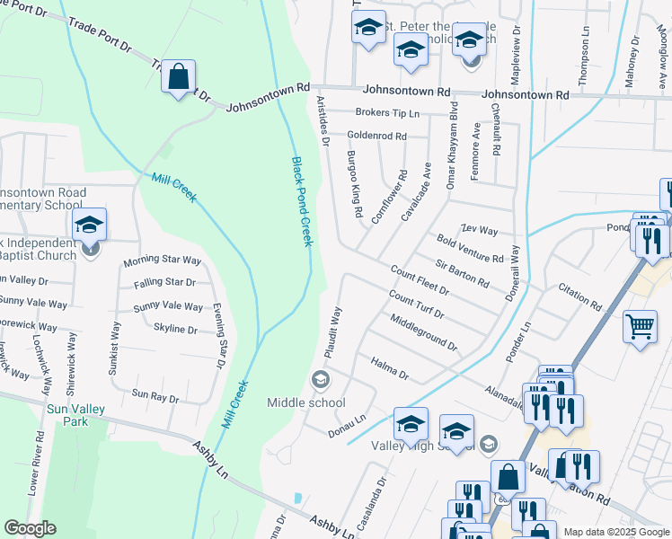 map of restaurants, bars, coffee shops, grocery stores, and more near 9904 Plaudit Way in Louisville