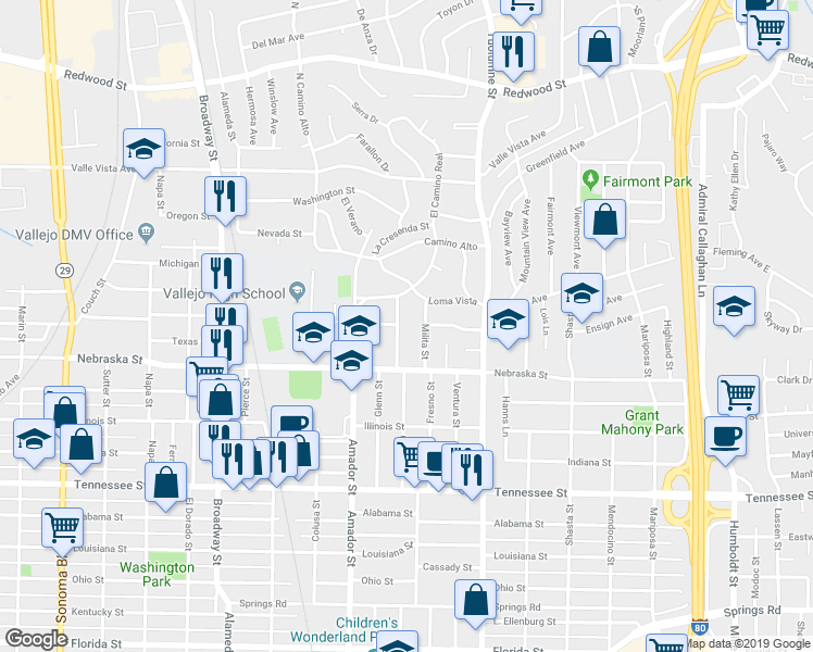 map of restaurants, bars, coffee shops, grocery stores, and more near 119 Milita Street in Vallejo