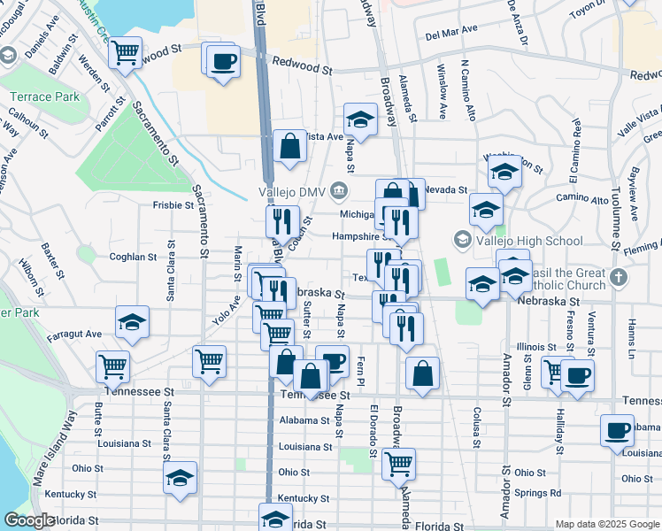map of restaurants, bars, coffee shops, grocery stores, and more near 2122 Napa Street in Vallejo