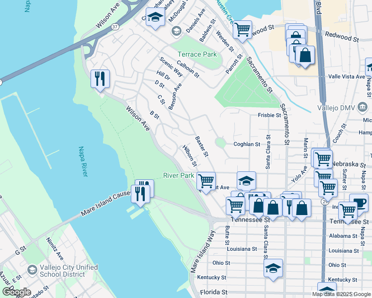 map of restaurants, bars, coffee shops, grocery stores, and more near 134 Hilborn Street in Vallejo