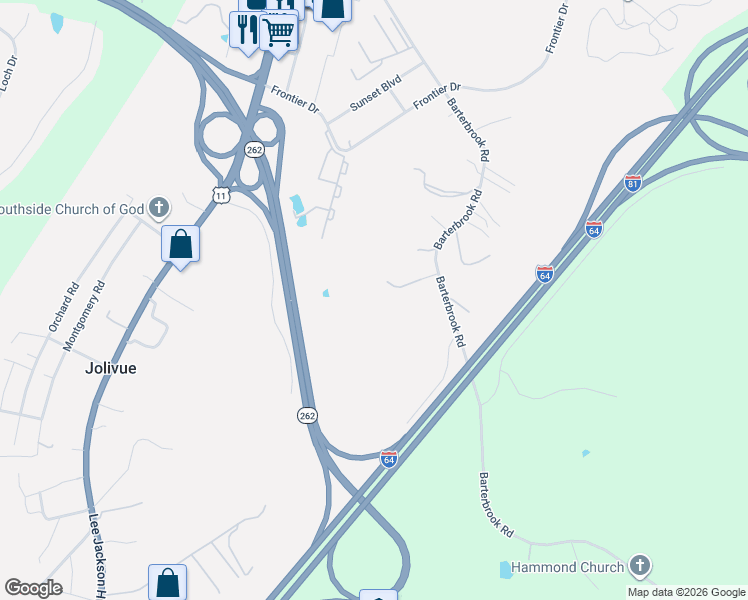 map of restaurants, bars, coffee shops, grocery stores, and more near 1777 Barterbrook Road in Staunton