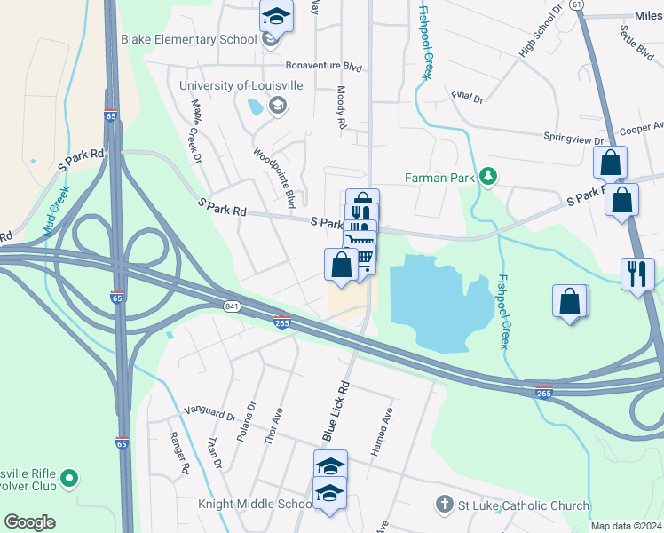 map of restaurants, bars, coffee shops, grocery stores, and more near 3805 Carpenter Drive in Louisville