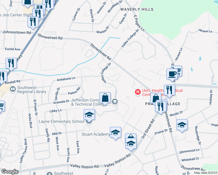 map of restaurants, bars, coffee shops, grocery stores, and more near 4707 Hawthorne Place Drive in Louisville